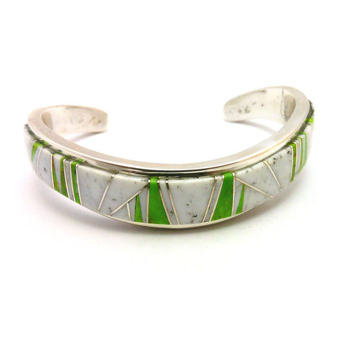 White Buffalo Turquoise & Gaspeite Navajo Inlay Cuff #LLC690