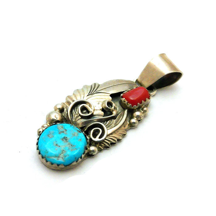 Thumbnail: Sterling Silver Red Coral & Turquoise Navajo Pendant #REB794