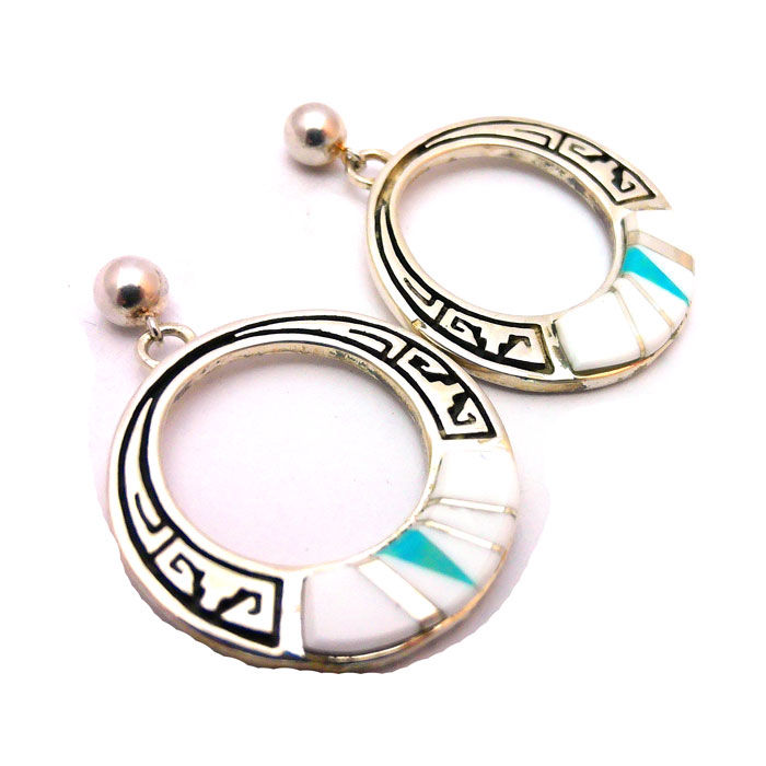 Silver Overlay Inlay Kingman & White Buffalo Turquoise Earrings #BCB294