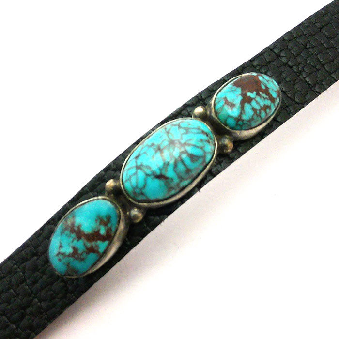Thumbnail: 3 Kingman Turquoise Stone Navajo Leather Bracelet #BKG833