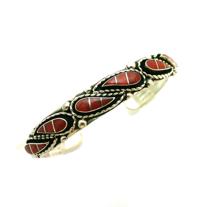 Sterling Silver Zuni Inlay Red Coral Cuff #FLR161