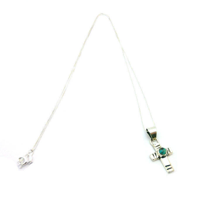 Navajo Sterling Silver & Kingman Turquoise Small Cross Necklace #EKE561