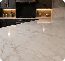 Fully restored marble benchtop after professional stone polishing and finishing.