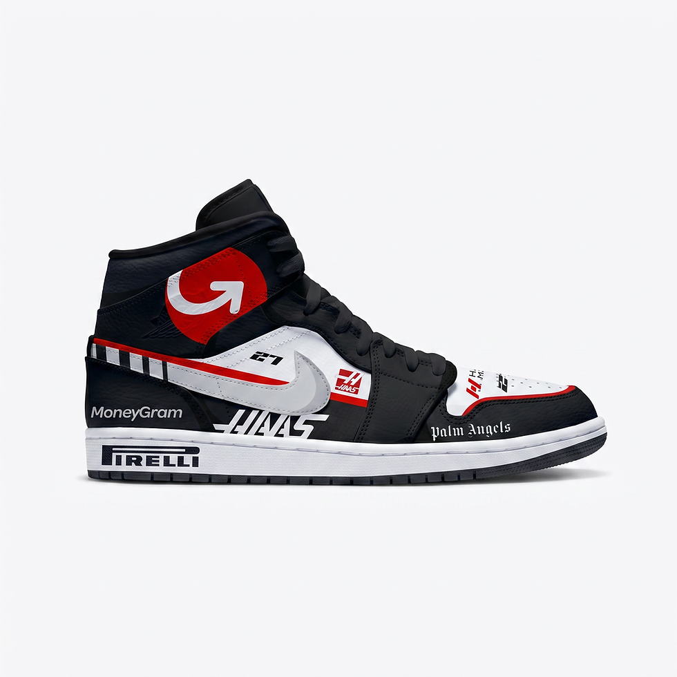 Haas Formula 1 Air Jordan 1 custom hand-painted sneakers white red black American F1 team livery racing design