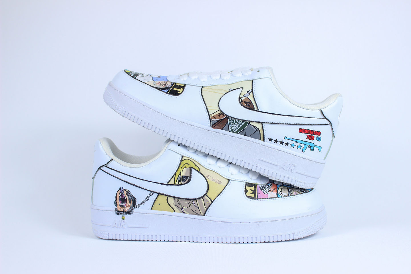 Side view of GTA 5 custom Nike Air Force 1 sneakers featuring Grand Theft Auto V characters, icons, and urban artwork