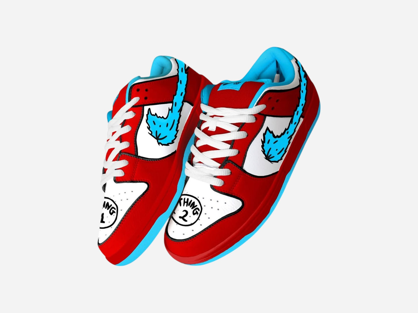 Add fun to your steps with our Thing 1 and Thing 2 Custom Nike Dunks – hand-painted sneakers inspired by Dr. Seuss classics.