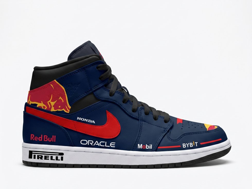 Red Bull Formula 1 Air Jordan 1 custom hand-painted sneakers navy red F1 livery racing design