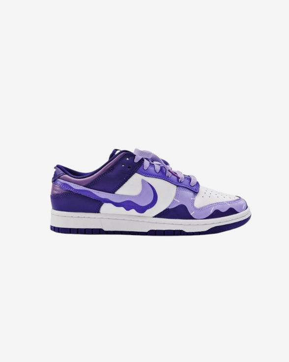 Side view of Purple Ice Cream-themed custom Nike Dunk sneakers with lavender tones, melting drip paint, and dessert-style acc