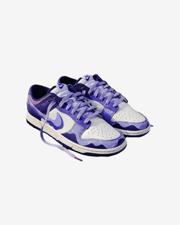 Side view of Purple Ice Cream-themed custom Nike Dunk sneakers with lavender tones, melting drip paint, and dessert-style acc