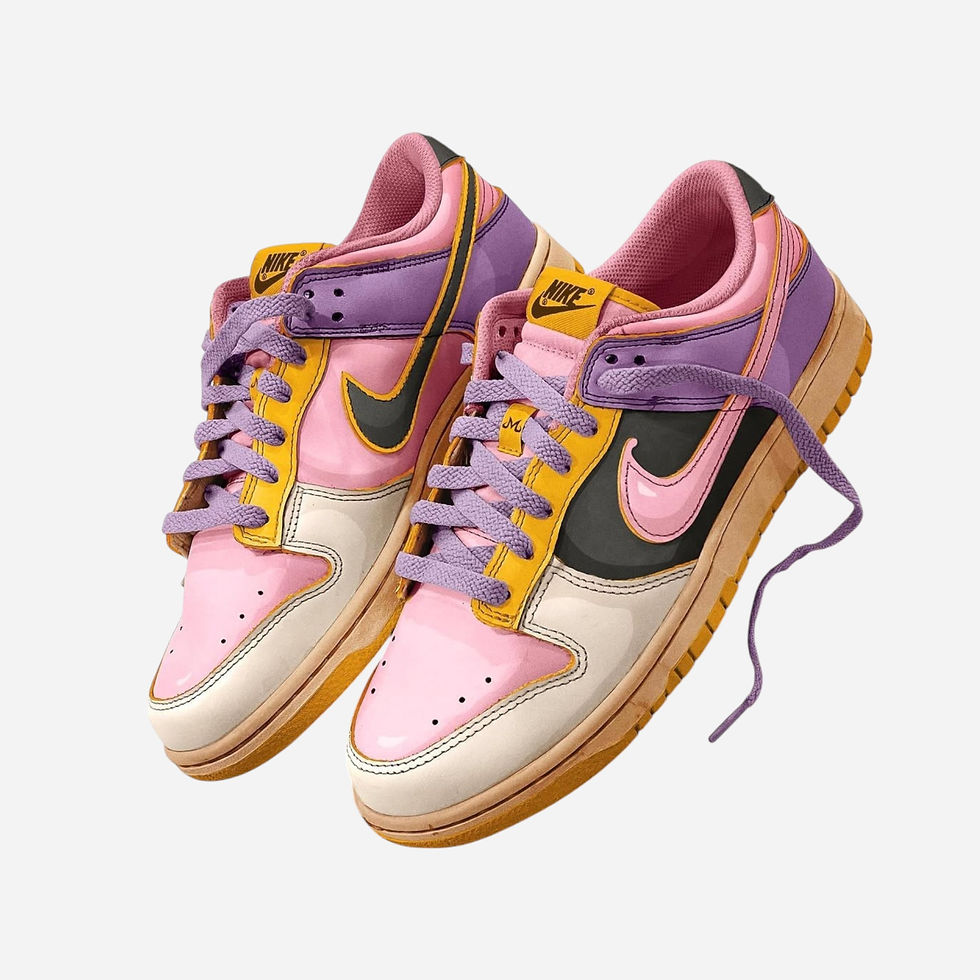 Majin Buu themed Dragon Ball Z custom Nike Dunk shoes in pink, purple, and yellow colors