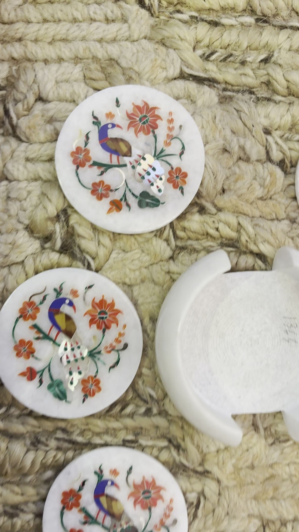 Thumbnail: Peacock Marble Coaster Set – Handcrafted White Marble Inlay with Semi-Precious