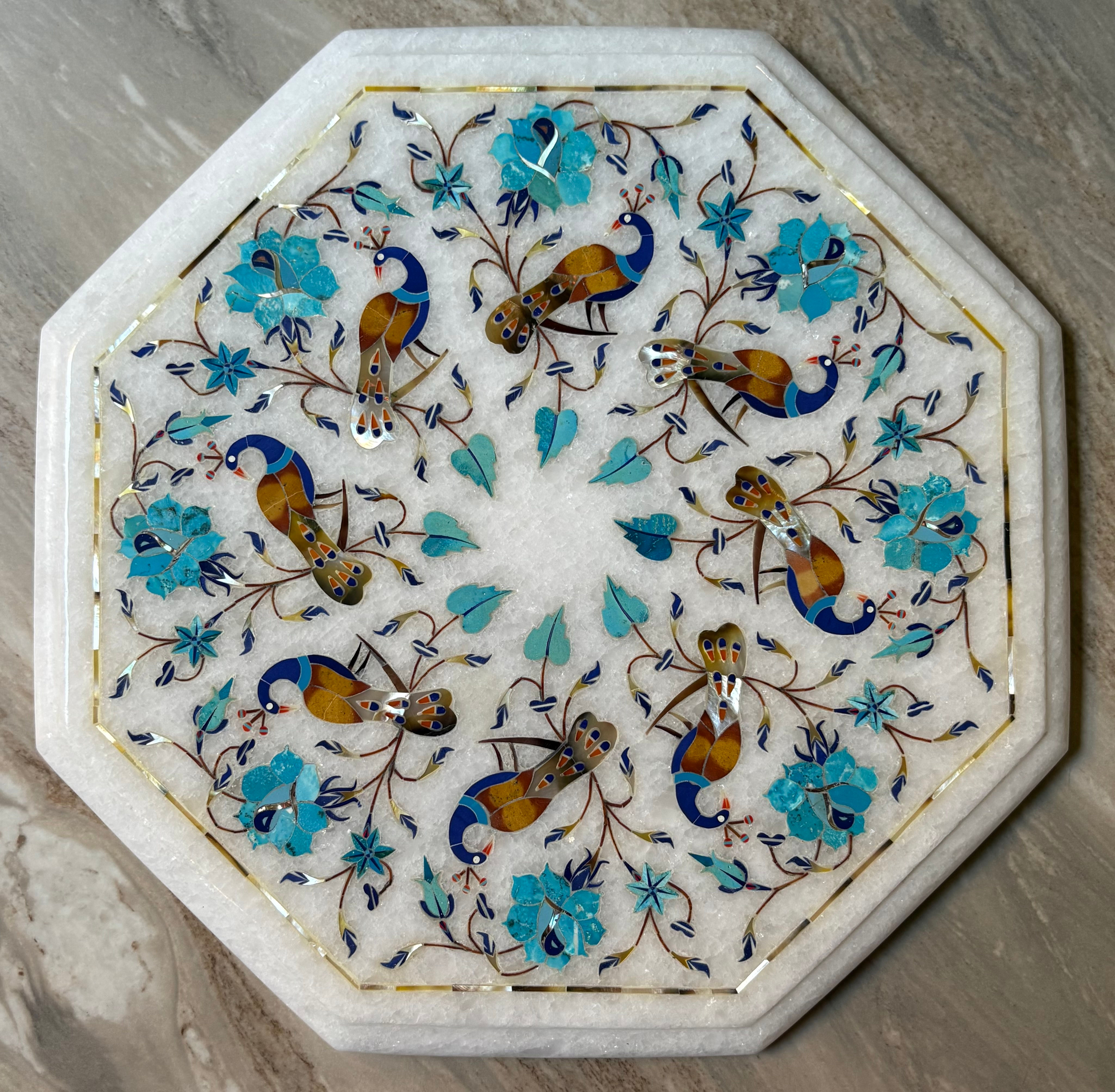Octagonal Marble Tabletop – Peacock & Turquoise Floral Inlay Design