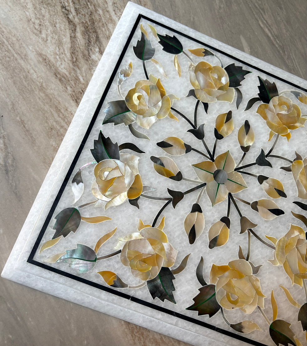 Thumbnail: Marble Table Top with Mother of Pearl Roses & Black Shade Leaves – Handmade Inla