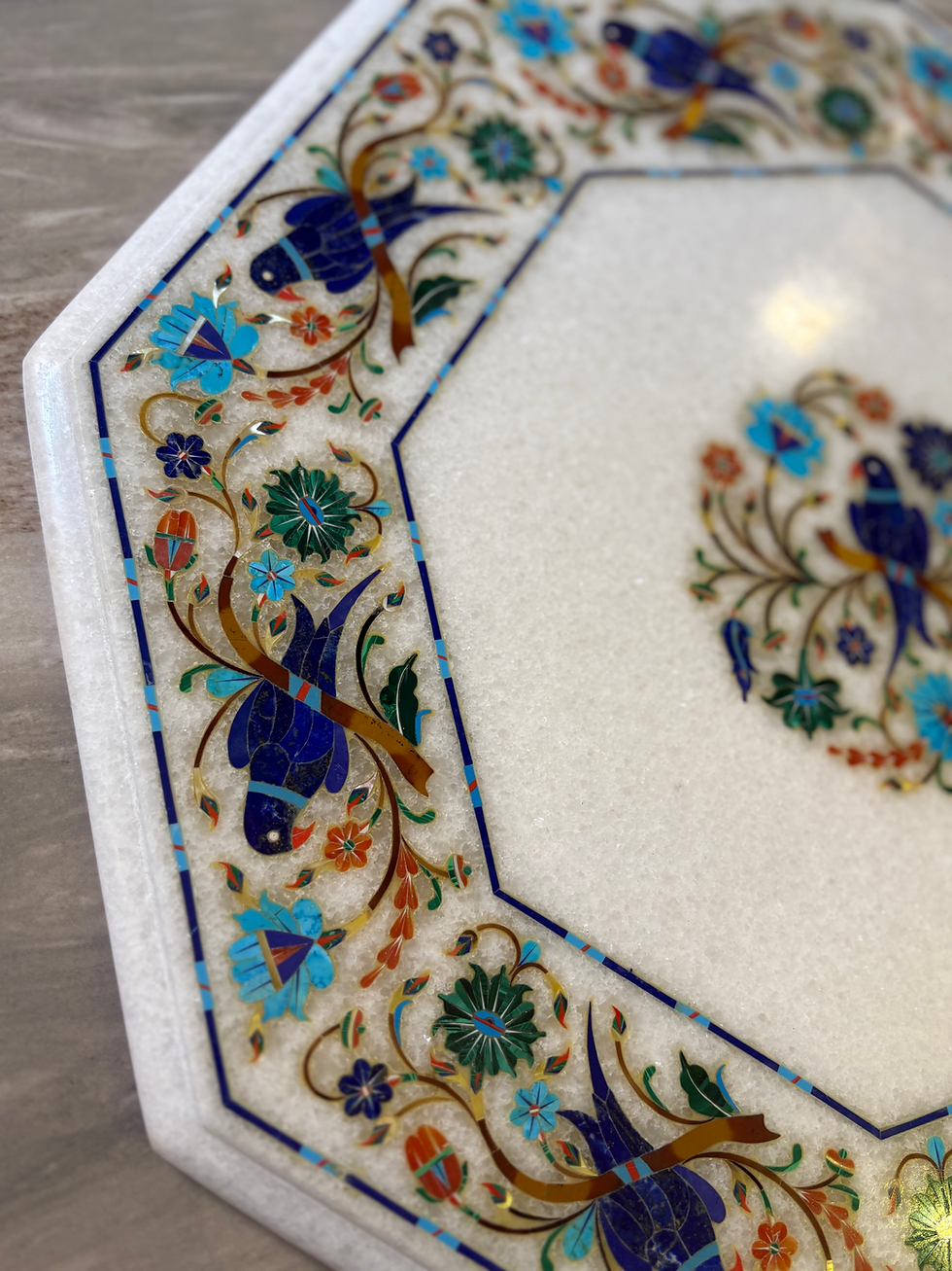 Thumbnail: Handmade White Marble Inlay Table Top – Blue Parrot & Floral Design