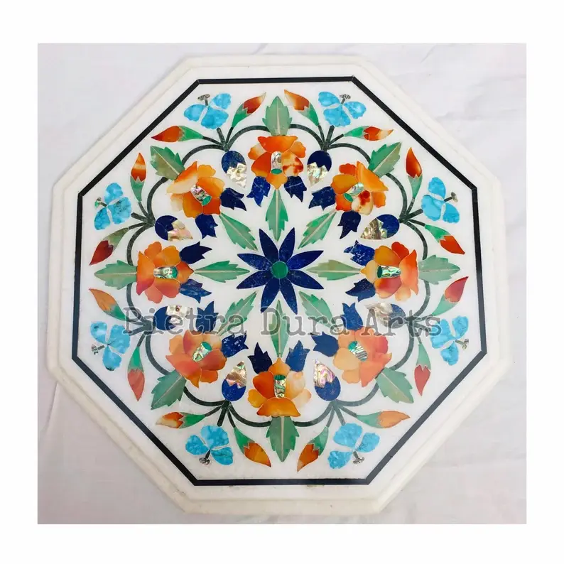 Thumbnail: Exquisite Octagonal Pietra Dura Inlay Table Top  Vibrant Floral Medallion Design