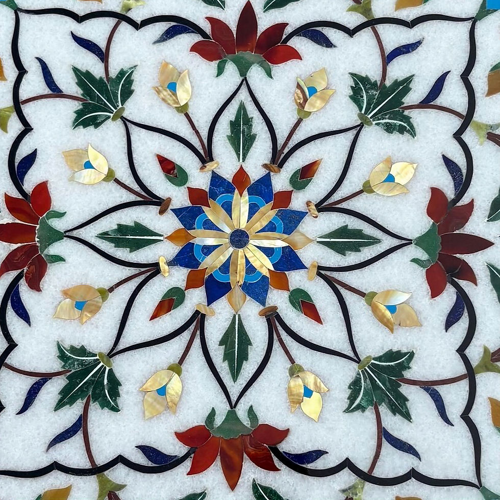 Thumbnail: Round Marble Tabletop – Handcrafted Floral Inlay with Multicolor Petals and Leaf