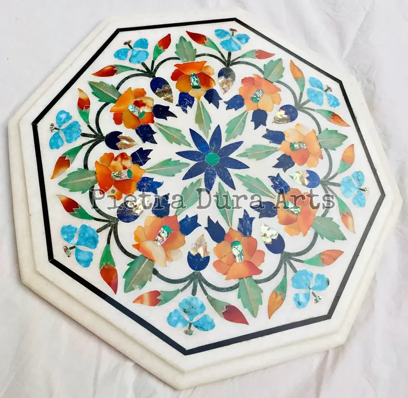 Thumbnail: Exquisite Octagonal Pietra Dura Inlay Table Top  Vibrant Floral Medallion Design