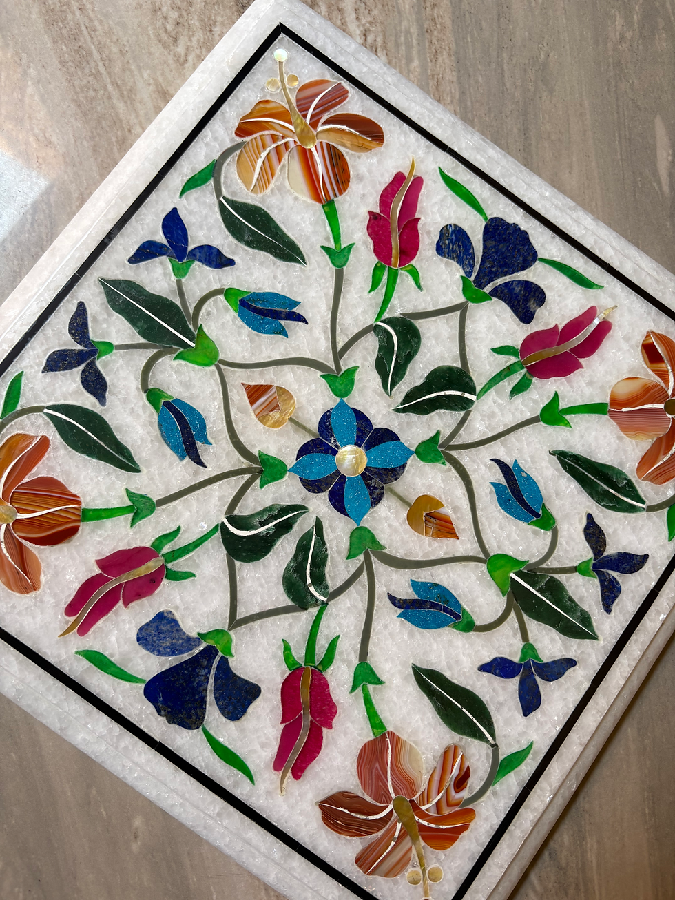 Thumbnail: White Marble Table Top with Floral Inlay – Blue Lapis Lazuli & Multi-Stone
