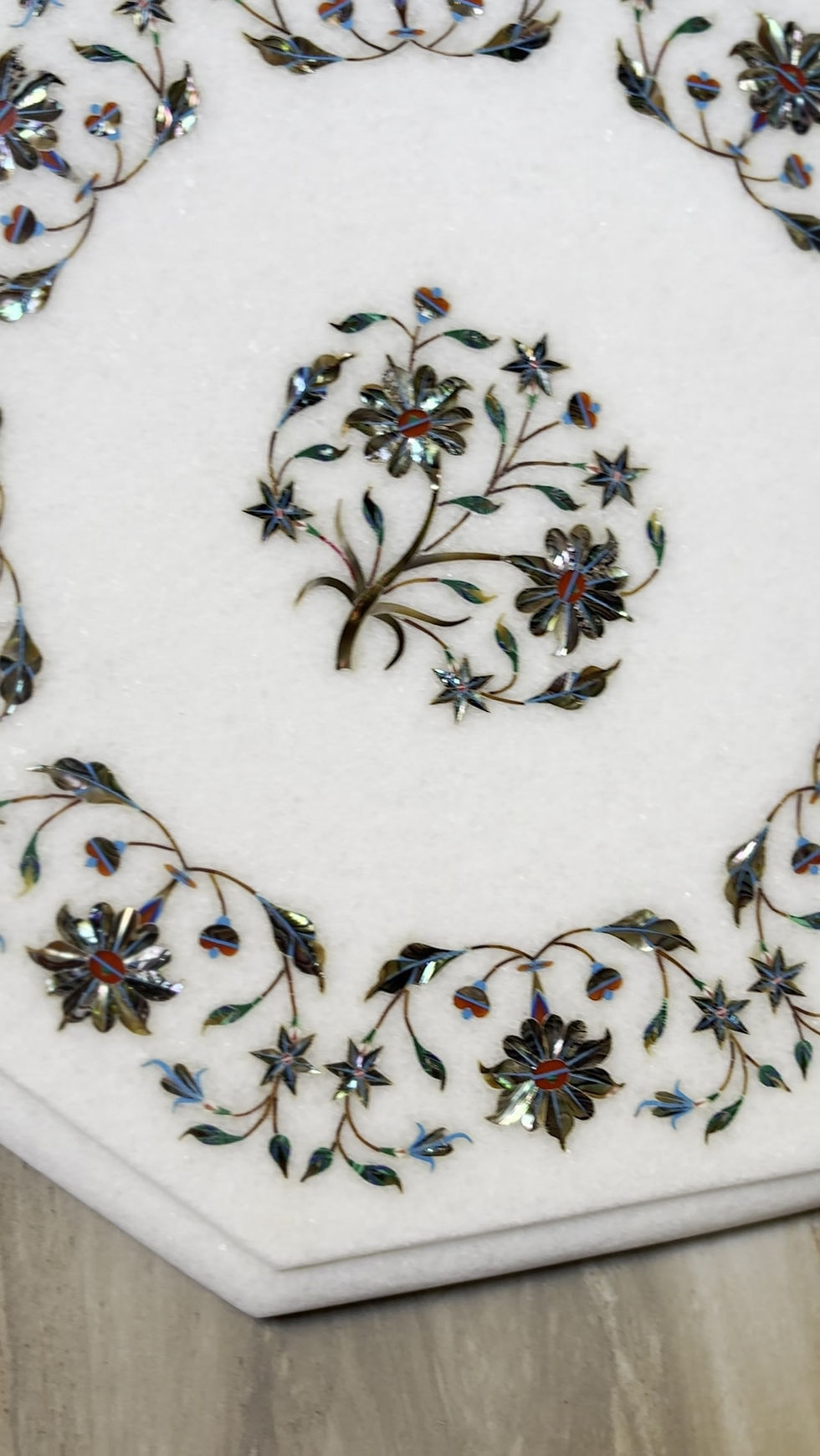 Thumbnail: Handmade White Marble Tabletop – Delicate Floral Inlay with Mother of Pearl