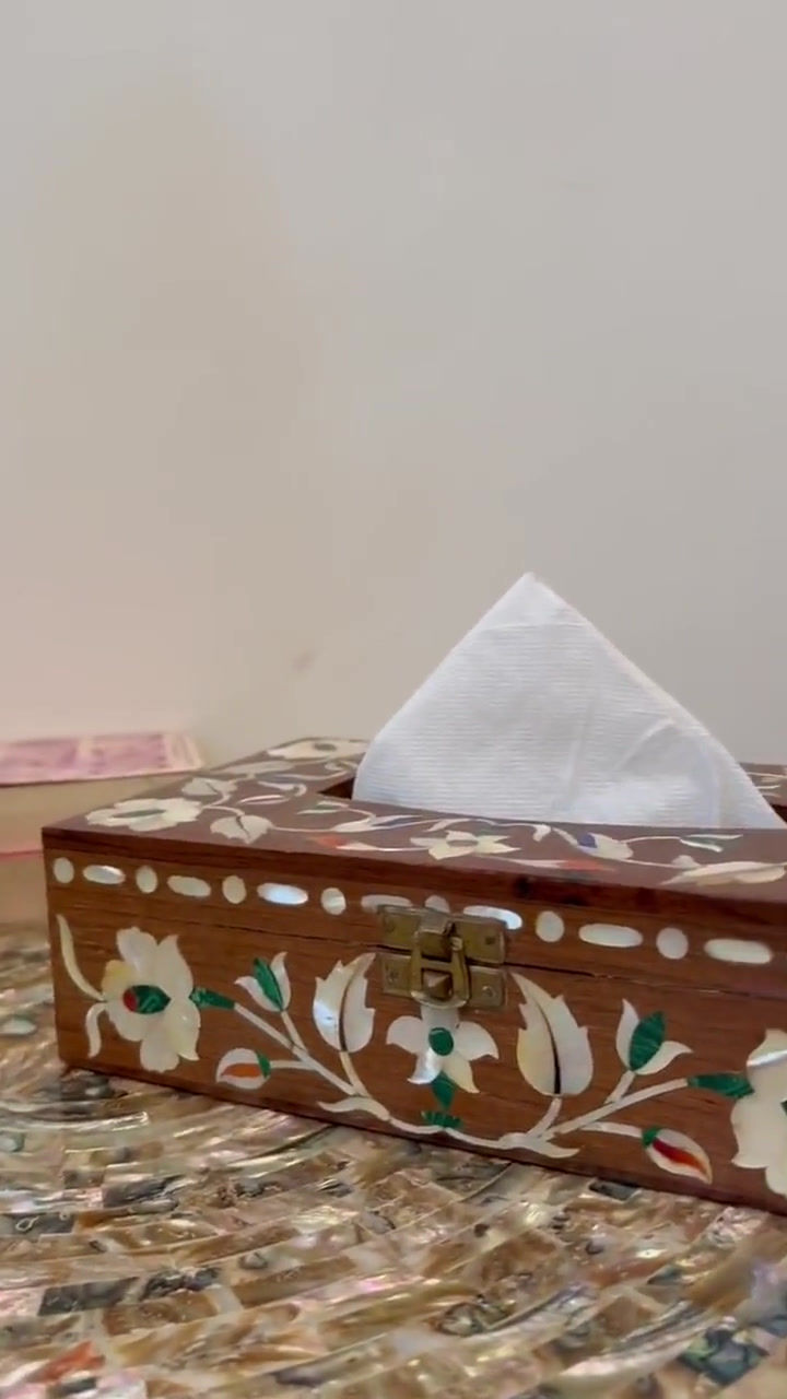 Thumbnail: Handcrafted Wooden Tissue Box with Marble Inlay – Elegant Floral Design