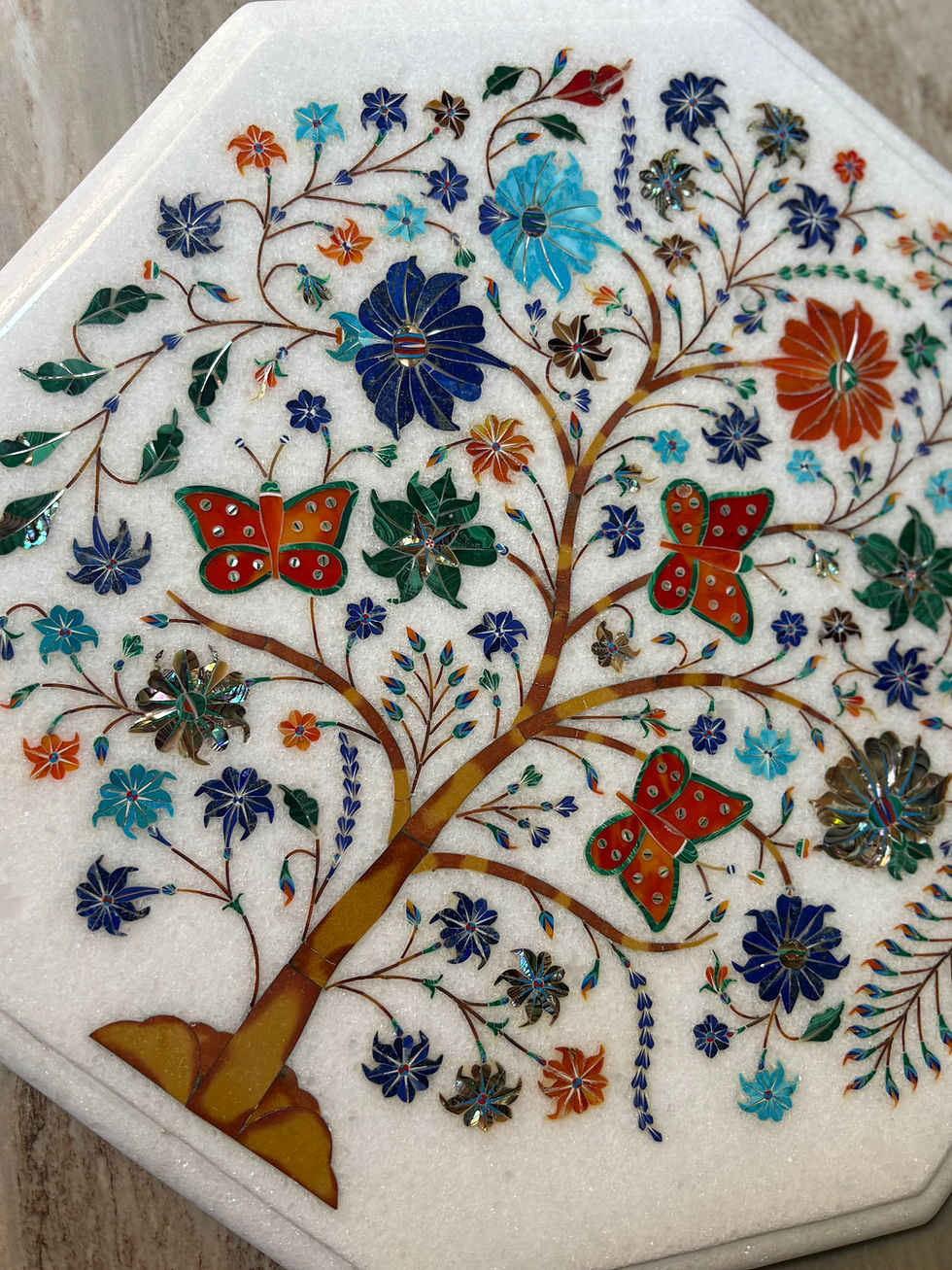 Thumbnail: Tree of Life Marble Tabletop – Handcrafted Inlay with Butterflies