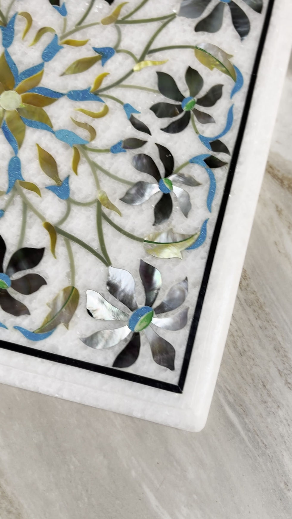 Thumbnail: Square Marble Table Top – Shimmering Floral Elegance with Precious Inlays