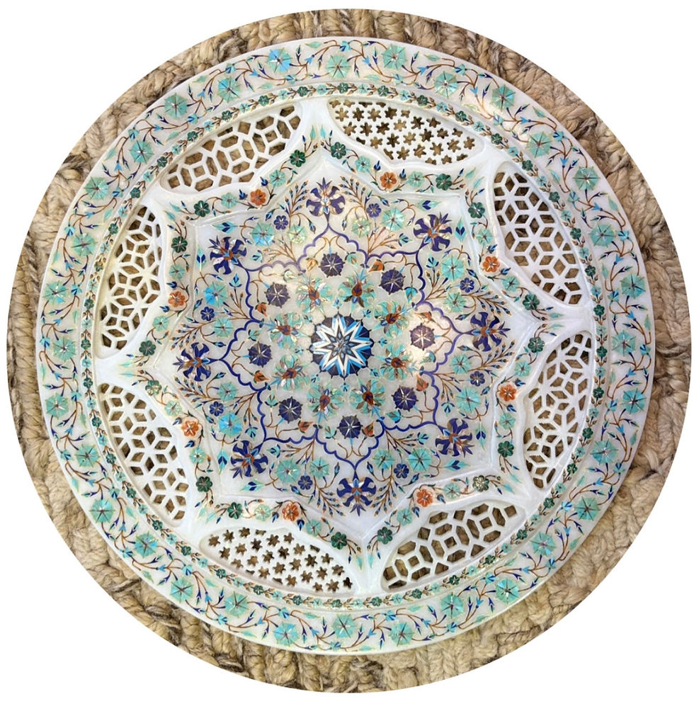 Hand-Carved White Marble Tray with Gemstone Floral Inlay & Jali Work