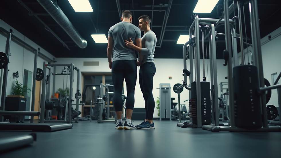 Eye-level view of a gym with fitness equipment and a personal trainer guiding a client