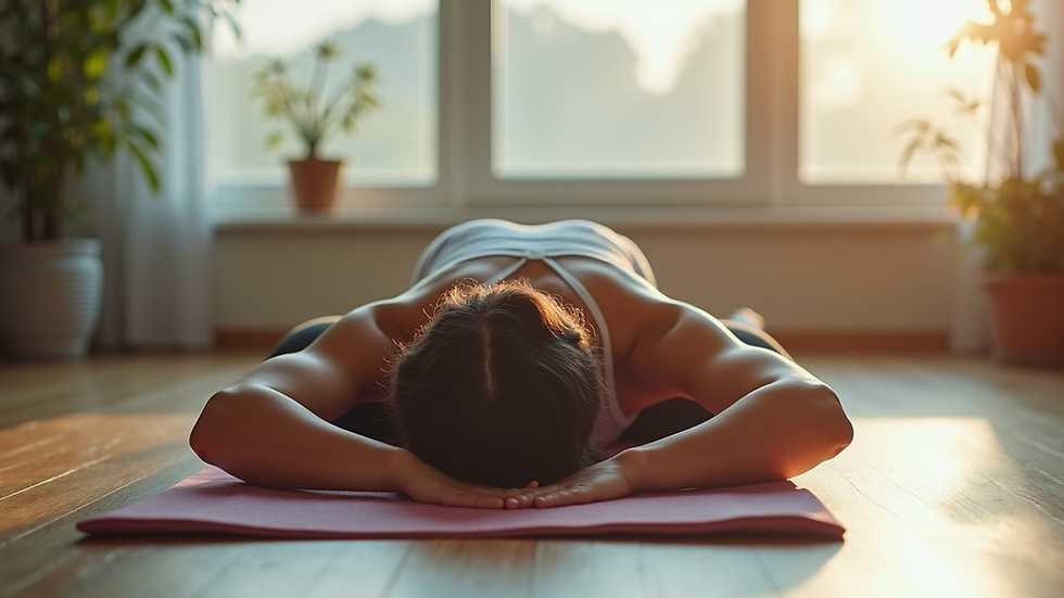 Eye-level view of a person doing a back stretch exercise on a yoga mat