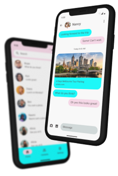 Two phones mockups for Just us app messaging page
