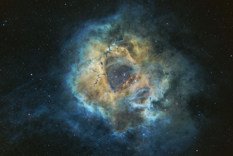 NGC 2244 or the rosette nebula is an open cluster in the Rosette Nebula, which is located in the constellation Monoceros. This cluster has several O-type stars, super hot stars that generate large amounts of radiation and stellar wind. The age of this cluster has been estimated to be less than 5 million years. 