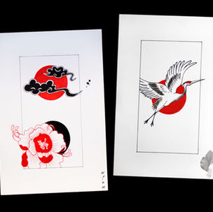 boceto dibujo nube peonia grulla estilo japonés tinta tradicional