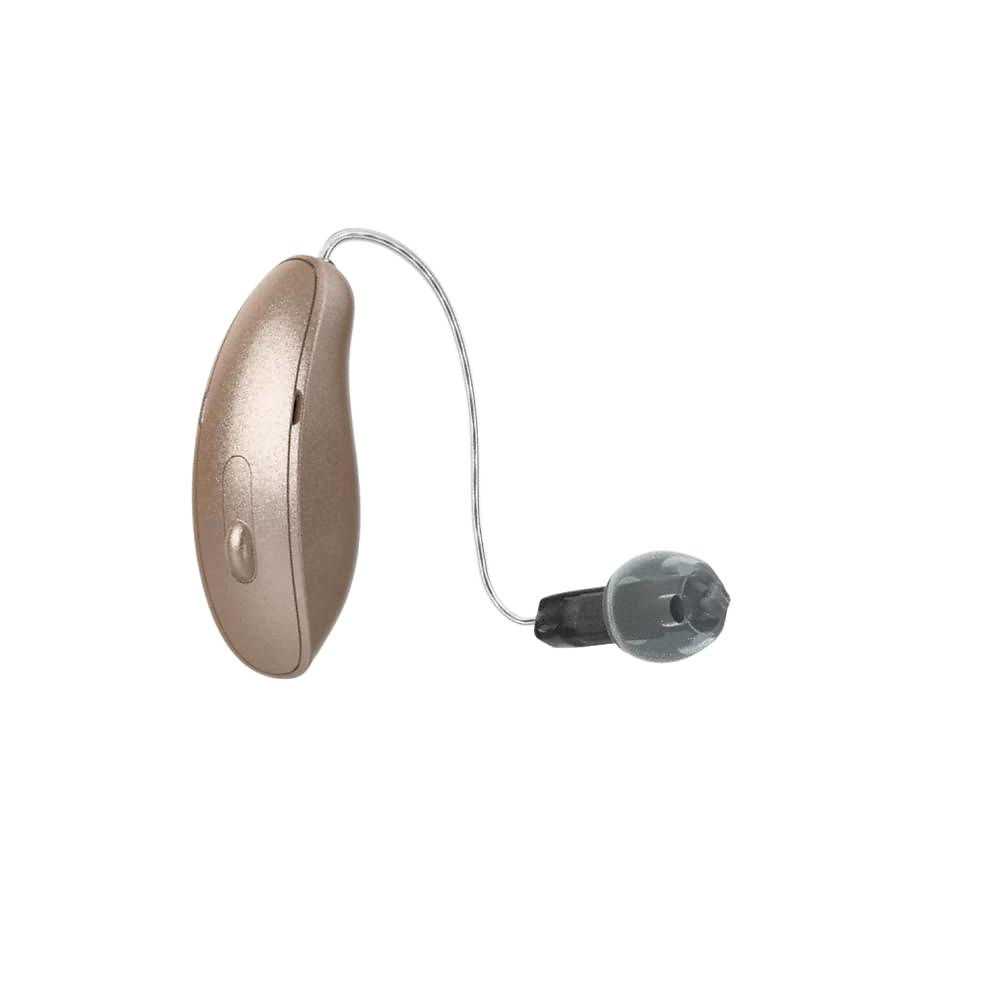 Champagne-colored Unitron hearing aid with receiver wire.