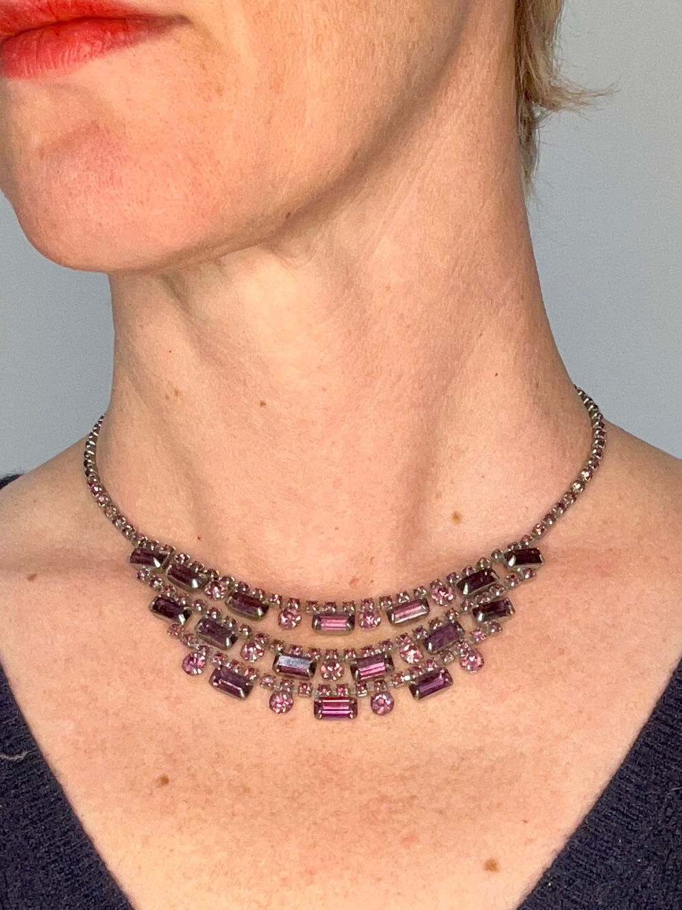 Unusual Three Tiered Vintage Rhinestone Necklace