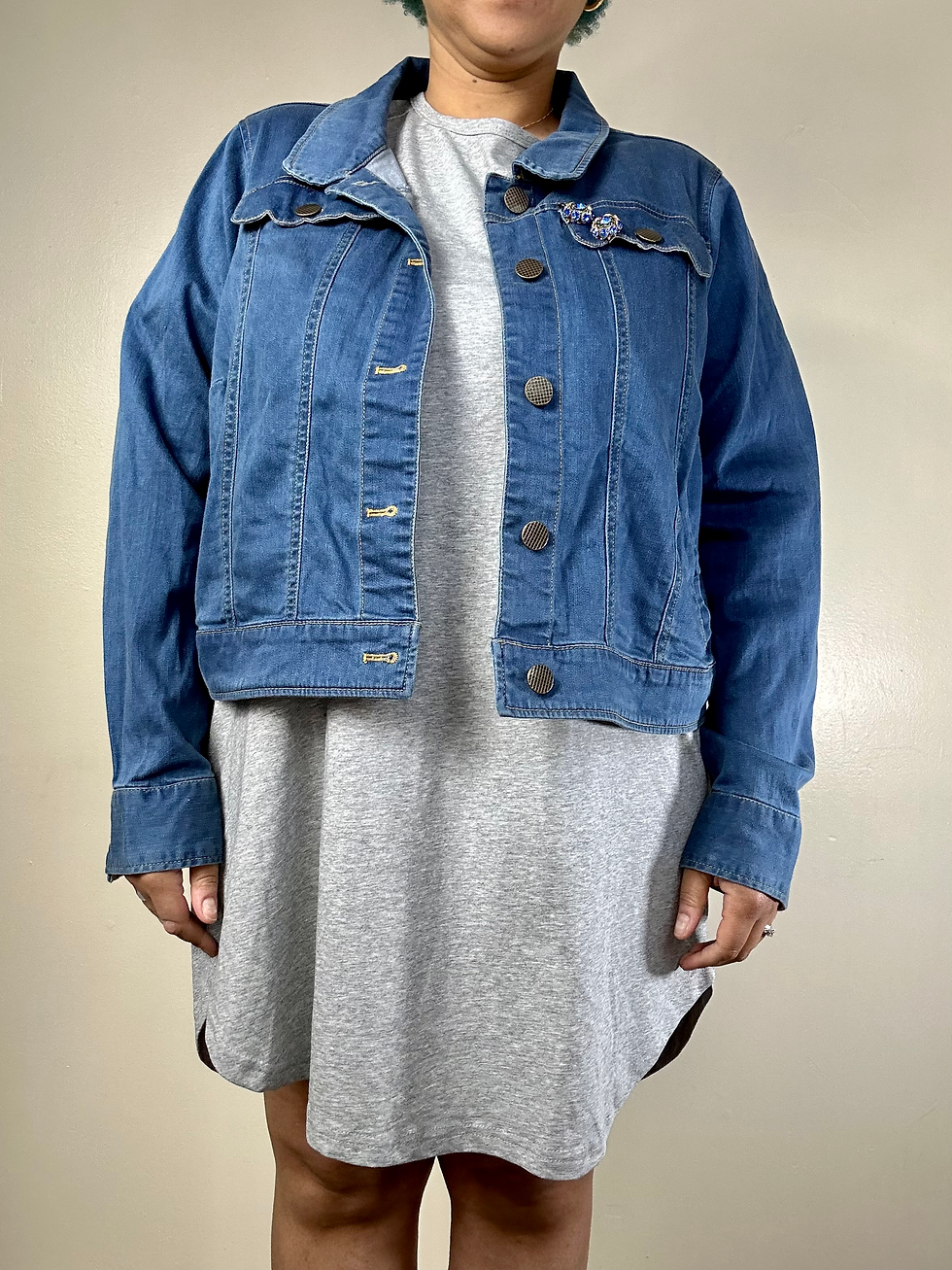 Thumbnail: Boxy Cut Denim Jacket with Scallop Trim