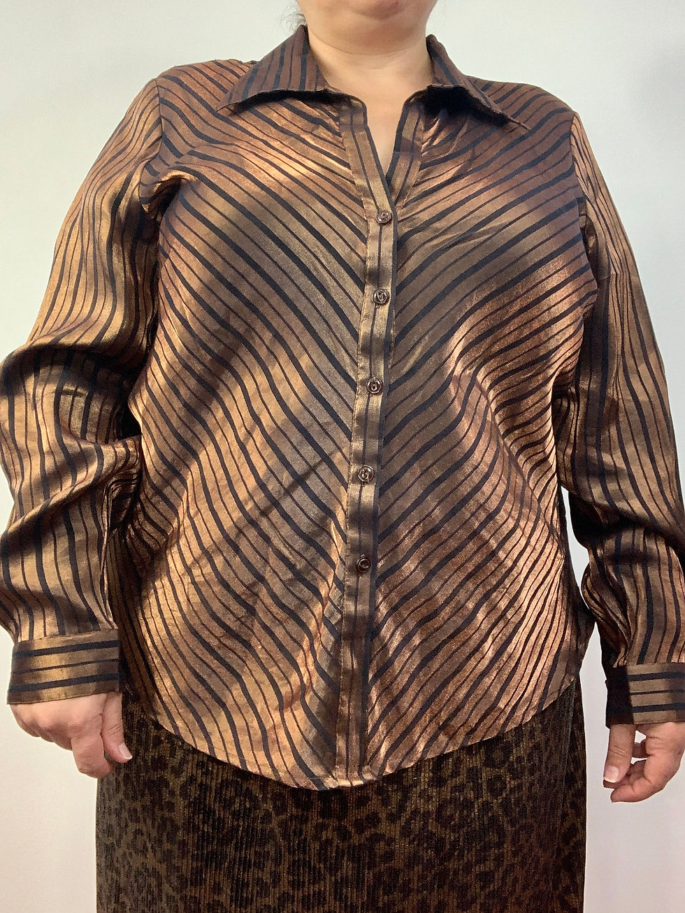 Blue Diamond Plus Women Striped Button up Shirt Metallic Brown 20