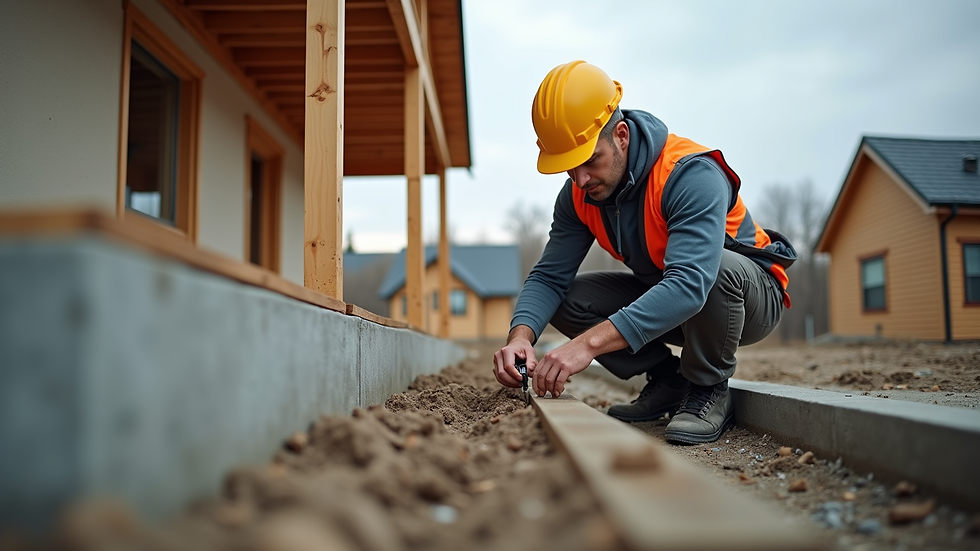 Eye-level view of a building inspector examining a house foundation