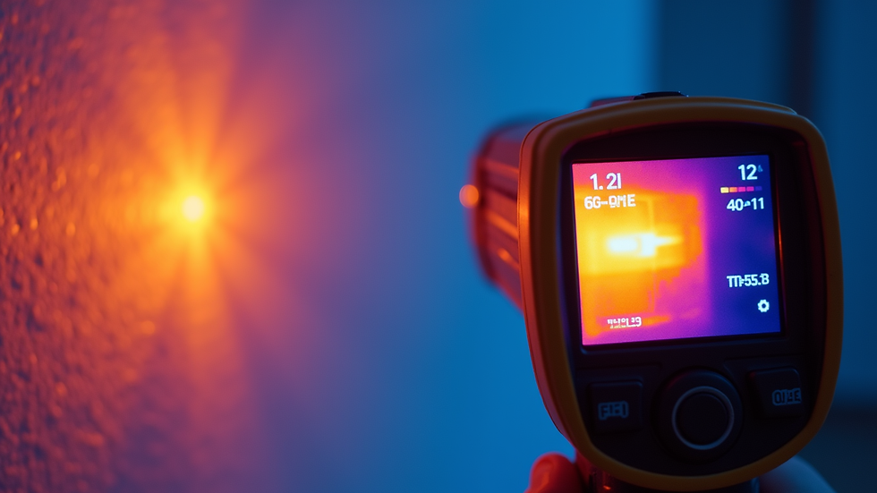 Close-up view of thermal imaging camera detecting heat leaks in a wall
