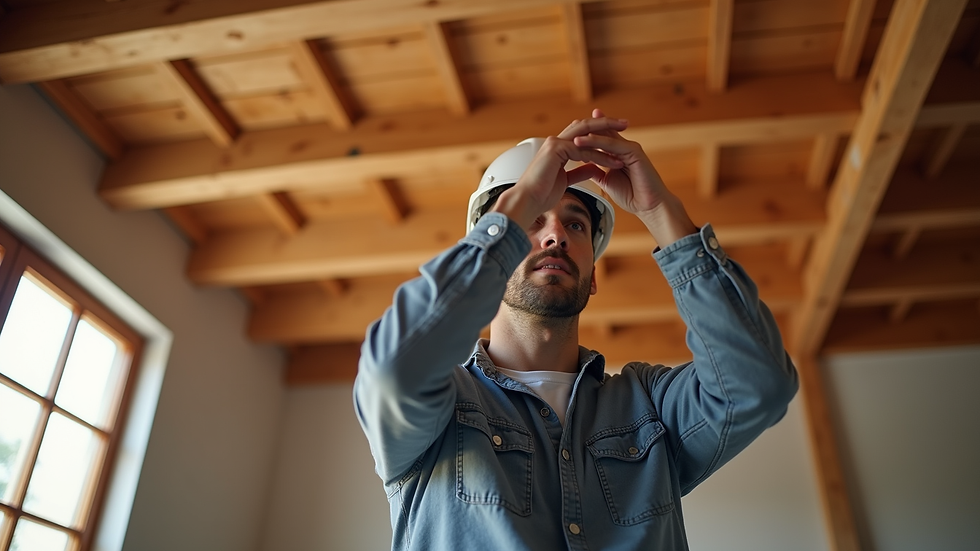 Close-up view of a structural engineer examining wooden beams in a ceiling