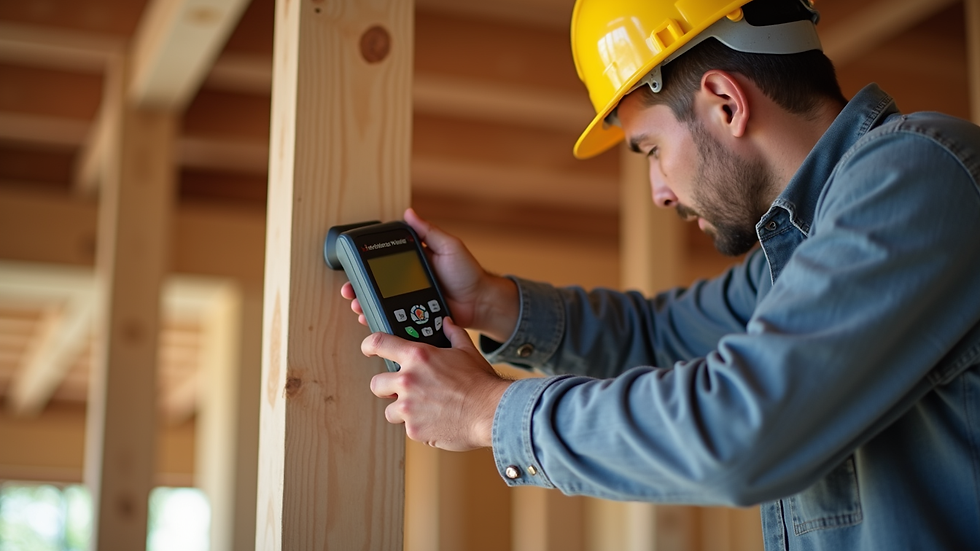Close-up view of a structural engineer using a moisture meter on a wooden beam