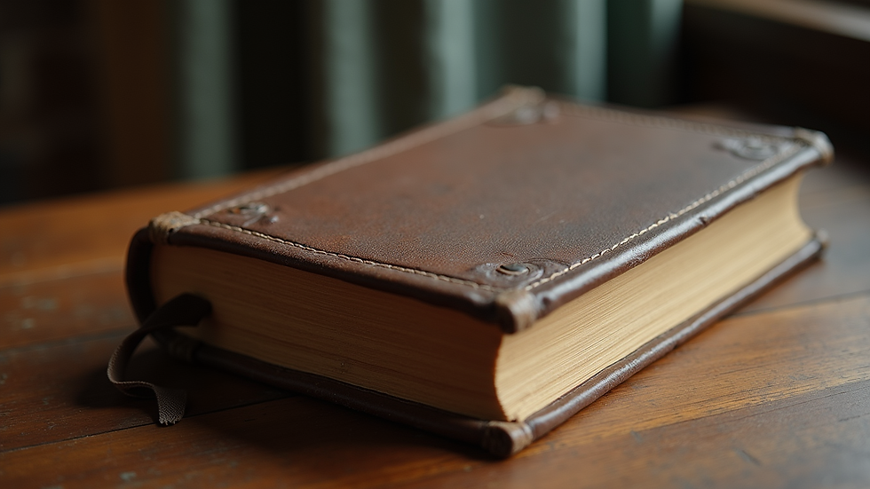 Close-up view of an old, leather-bound book resting on a wooden table
