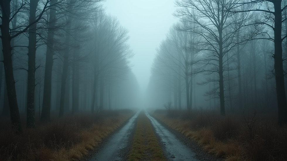 Blick auf Augenhöhe auf einen alten, nebelverhangenen Waldweg
