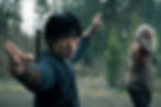 Young fighter and an older man strike martial arts poses in a misty forest, tense and focused.