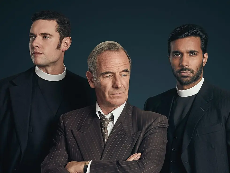 Three serious men in clerical collars and suits stand against a dark background, exuding a solemn and contemplative mood.