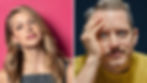 Split image: Left, a woman with long blonde hair against a pink wall, calm expression. Right, a man with hand on face, wearing a yellow sweater, intense gaze.