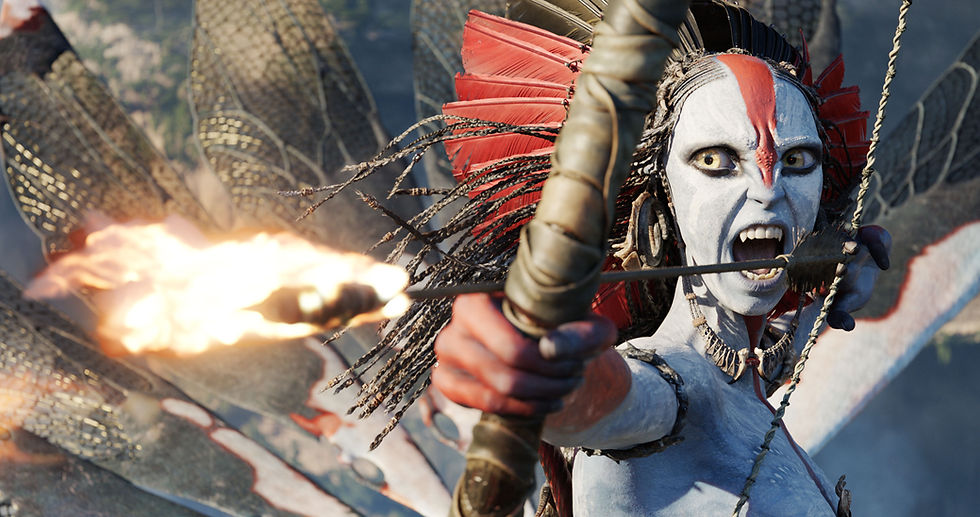 A fierce character with a painted face and red feathers aims a bow with a flaming arrow, set against a nature backdrop, expressing anger.