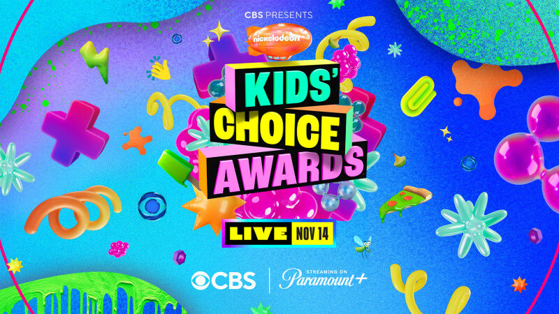 Colorful Nickelodeon Kids Choice Awards poster with neon shapes; CBS presents, LIVE Nov 14, streaming on Paramount+