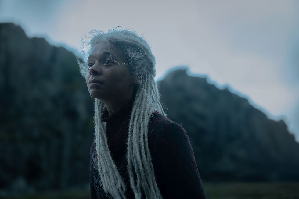 Pale-haired person in dark clothing looks upward beside rocky cliffs under a gray sky, with a solemn, eerie mood.