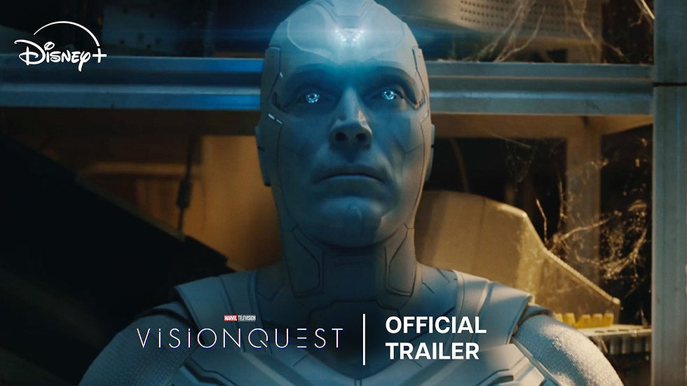 Blue humanoid android in a dim room; Disney+ and VisionQuest Official Trailer text overlaid.