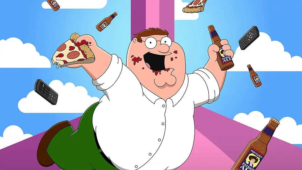 Cartoon man joyfully floats, holding pizza and beer. Remote, bottles, and pizza slices hover nearby. Blue sky, clouds in background.
